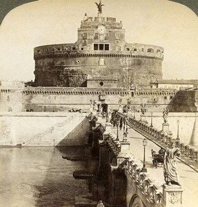 Italy Roma Rome Castel Sant'Angelo Bridge Old Underwood Stereoview Photo 1900