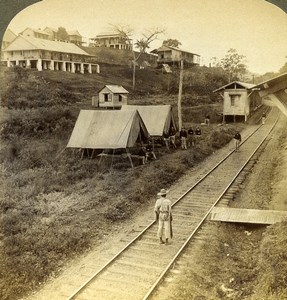 Panama Railway Canal Construction Soldiers near Obispo Stereoview Underwood 1904