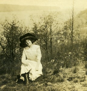 USA Naughty Series Woman in Woods Stamped Police Plunkett Old Stereoview 1910's