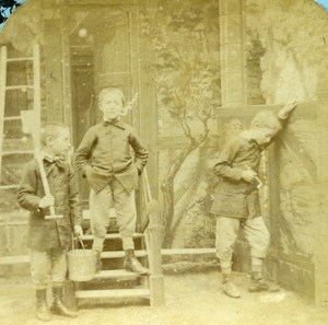 French Scene de Genre 1st Pipe Children Smoking Old Block Stereoview Photo 1870