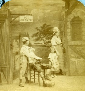 French Scene de Genre Distracted Barber Old Block Stereoview Photo 1870