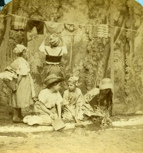 French Scene de Genre Washerwomen Old Block Stereoview Photo 1870