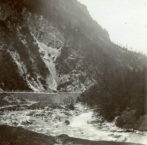 Germany? Unknown location Mountain Road Bridge Stream Old Photo Stereoview 1919