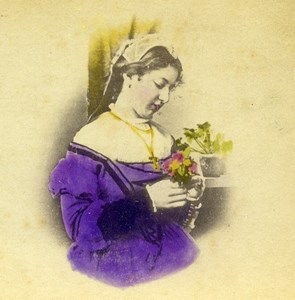 France Woman Portrait Flower Bouquet Old hand colored Stereoview Photo 1865