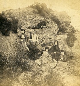 France Outdoor Women group Portrait on Rocks Old Stereoview Photo 1865