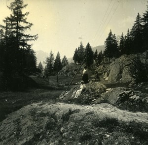 Switzerland Valais Finhaut Women Hiking Possemiers Amateur Stereoview Photo 1910