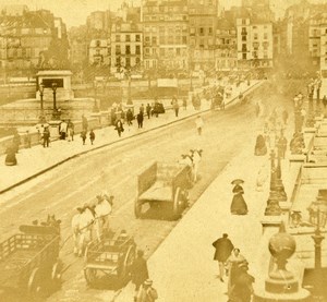 France Paris Pont Neuf animated street scene Old Stereo Photo 1870
