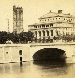 France Paris Tour Saint Jacques Tower & new Theater Old Stereo Photo 1870