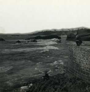 France Biarritz Harbor Panorama Rocks & Lighthouse Old Stereoview Photo CPS 1900