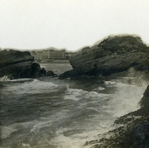 France Biarritz Harbor Rocks & Beach Old Stereoview Photo CPS 1900