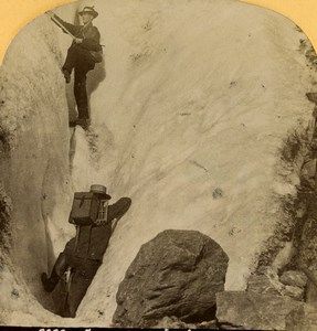 Switzerland Mountaineers in an ice crevasse Old Stereoview photo Gabler 1885