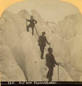 Switzerland Mountaineers on the Rhone Glacier Old Stereoview photo Gabler 1885