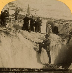 Switzerland Mountaineers Ice Cave on the Eiger Old Stereoview photo Gabler 1885