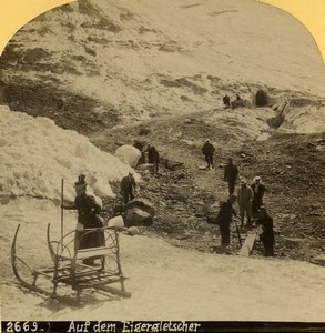 Switzerland Mountaineers Sled on Glacier Eiger Old Stereoview photo Gabler 1885