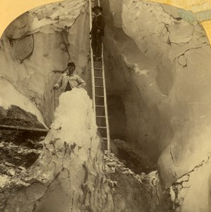 Switzerland Grindelwald ice Cave Ladder Old Stereoview photo Gabler 1885