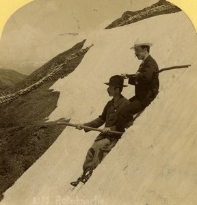 Switzerland Mountaineers sat on Snow Old Stereoview photo Gabler 1885