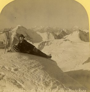 Switzerland Mountaineer on Monte Rosa Summit Old Stereoview photo Gabler 1885