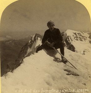 Switzerland Mountaineer on the Jungfrau summit Old Stereoview photo Gabler 1885