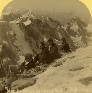 Switzerland Mountaineers on the Jungfrau summit Old Stereoview photo Gabler 1885