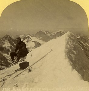 Switzerland Mountaineer on the Jungfrau summit Old Stereoview photo Gabler 1885