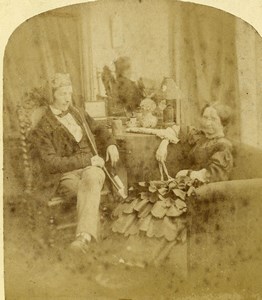 France Couple sat in Living room Old Fancy Stereoview Photo 1870