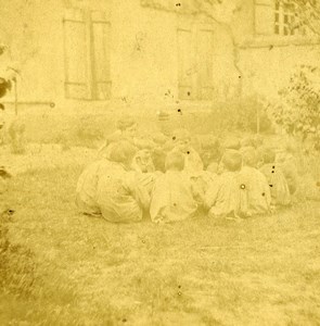France Children sat in the garden Old Stereoview Photo 1870