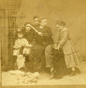 France Children & Dad Horsey Ride Dolls Old Stereoview Photo 1870
