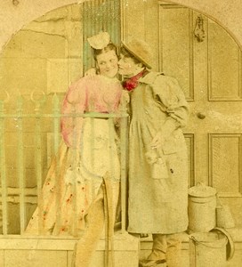 United Kingdom Taking the Cream Milkman's Kiss Old Fancy Stereoview Photo 1860