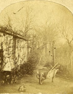 France French Countryside Wheelbarrow Old Salt Paper? Stereoview Photo 1860