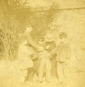 France Children Playing Hot Cockles game Old Stereoview Photo 1860