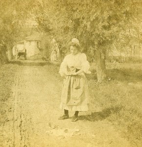 France La Fontaine Perrette Laitiere & le pot au lait Old Stereoview Photo 1870