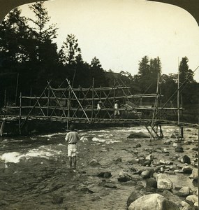 Japan Nikko Bamboo Bridge Daiya river Old White Stereoview Photo 1900