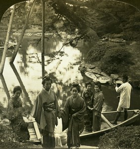 Japan Boating scene in japanese garden Old White Stereoview Photo 1900