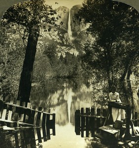 USA California Yosemite Falls Nature's Mirror Old Young Stereoview Photo 1900