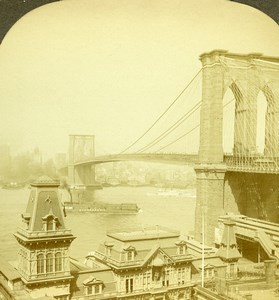 USA New York Brooklyn Bridge Old Milford Wright Excelsior Stereoview Photo 1900