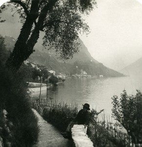 Italy Lake Lugano Oria towards San Mamete Old Stereoview Photo 1906