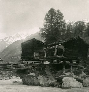 Switzerland Winkelmatten Bridge near Zermatt Visp Old Stereoview Photo 1900