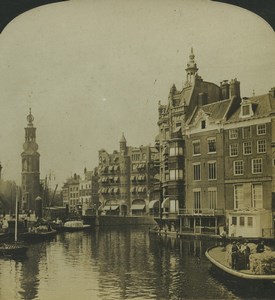 Netherlands Amsterdam Mint Tower Canal Old Stereo Photo Stereoview HC White 1900