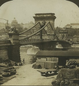 Hungary Budapest Suspension Bridge old Stereo Photo Stereoview HC White 1900