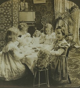 USA Children's Tea Party Doll Old Stereo Photo Stereoview HC White 1900