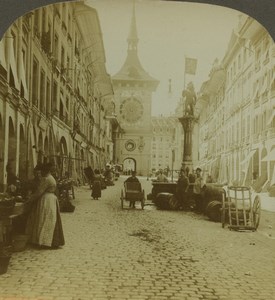 Switzerland Bern Kramgasse Zytglogge Clock Tower Photo Stereoview Excelsior 1900