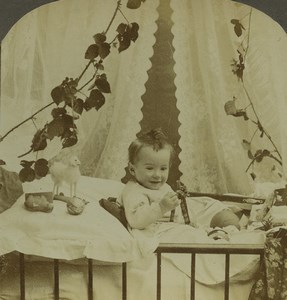 USA Toddler Brother John First Christmas Toy Old Photo Stereoview Excelsior 1900