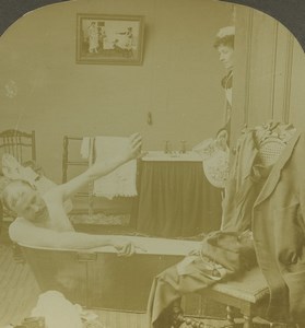 Humoristic Scene de Genre Maid & Man in Bath Photo Stereoview Excelsior 1900