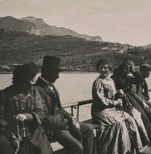 Italy Lake Garda Tourists on Steamboat Old Stereoview Photo 1900