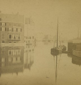 Netherlands Canal Boat Old Stereoview Photo 1880