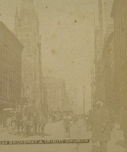 USA New York Broadway & Trinity Church Old Stereoview Photo 1880