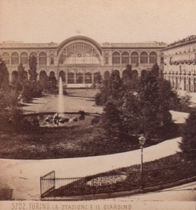 Italy Torino Railway Station & gardens Old Stereo Photo Giacomo Brogi 1880