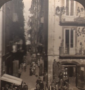 Italy Naples animated narrow street Old Stereo Photo White 1900
