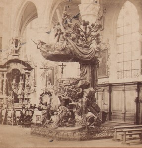 Belgium Antwerp St. Andrew's Church Pulpit Old Stereoview Photo Tessaro 1870