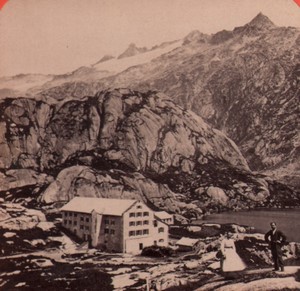 Switzerland Alps Grimsel Hospice & Lake Old Stereo Photo Charnaux 1880